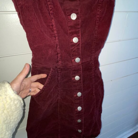 Divided H&M Wine Colored Maroon Jumper Dress Button Down Pockets (XXXS, Fits XS) - Picture 8 of 11